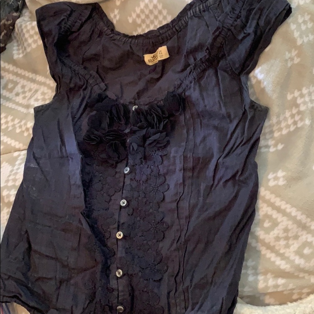 Hollister navy-blue button up blouse
